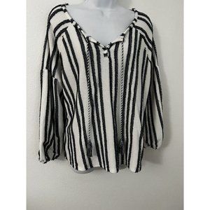 Style & Co Blue White Striped Women Size M V-Neck  Peasant Top Shirt Tunic Boho